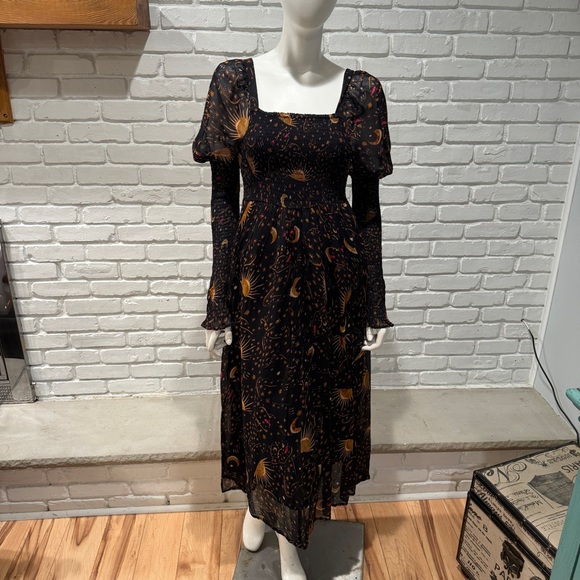 Farm Rio Boho Celestial Print Dress M | Smocked Midi Puff Sleeve Festival Luxe - Picture 5 of 16